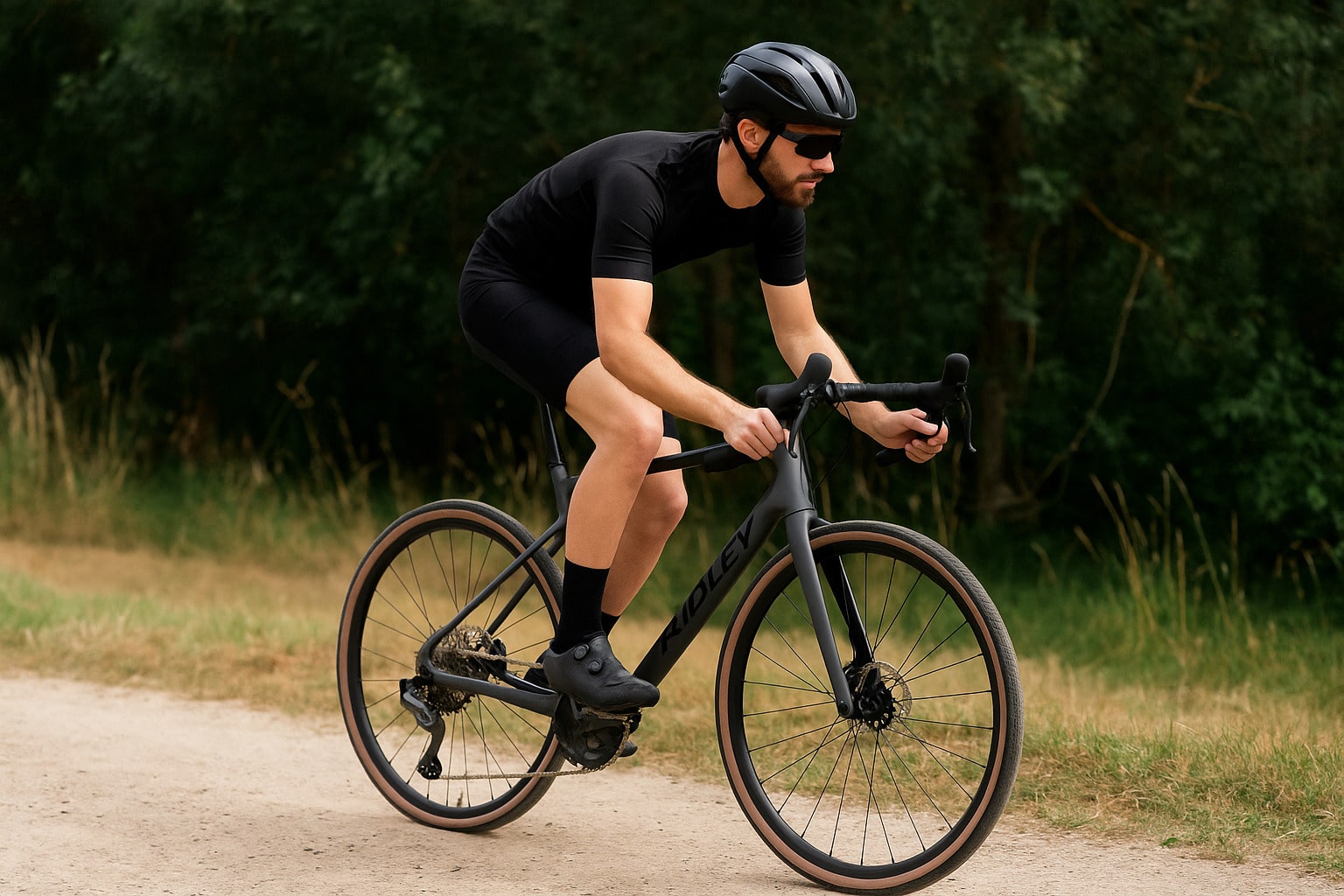 Cycliste en tenue gravel roulant à vive allure avec un Ridley Grifn GRX 11V noir sur chemin stabilisé