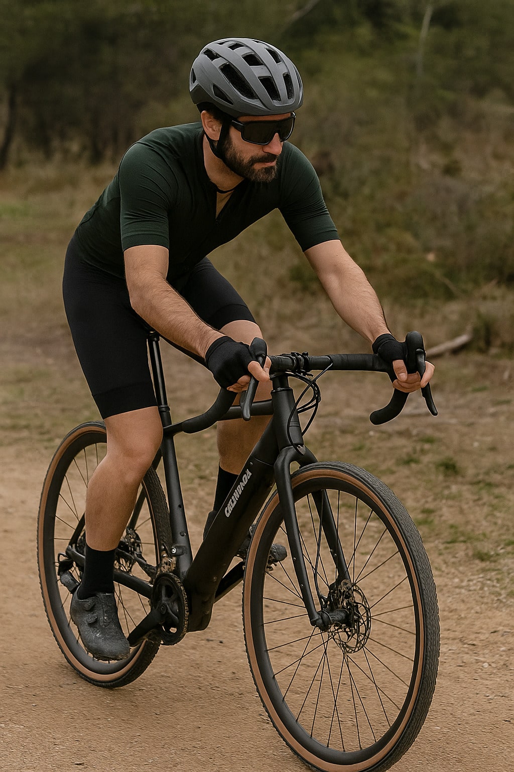 Cycliste en tenue gravel roulant en forêt avec le Triban E-GRVL AF HD électrique de Decathlon