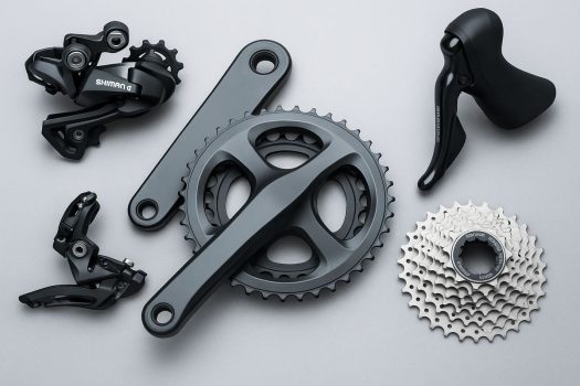 Composants de transmission Shimano posés à plat : pédalier, dérailleur, cassette, levier