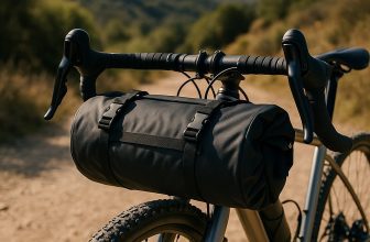 Homme en gravel équipé d'une sacoche de guidon lors d’un trip bikepacking