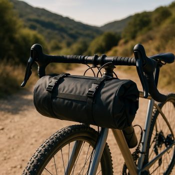 Homme en gravel équipé d'une sacoche de guidon lors d’un trip bikepacking