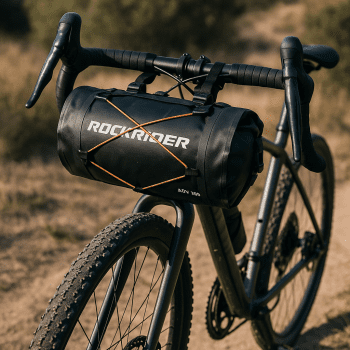 Sacoche de guidon Rockrider ADV 900 noire, montée sur vélo gravel lors d’un voyage bikepacking
