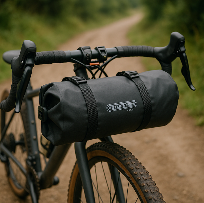 Sacoche Ortlieb Handlebar-Pack QR 11L installée sur un vélo gravel lors d’un voyage bikepacking