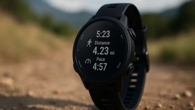 Montre GPS multisport noire en extérieur, illustration promo Forerunner 255