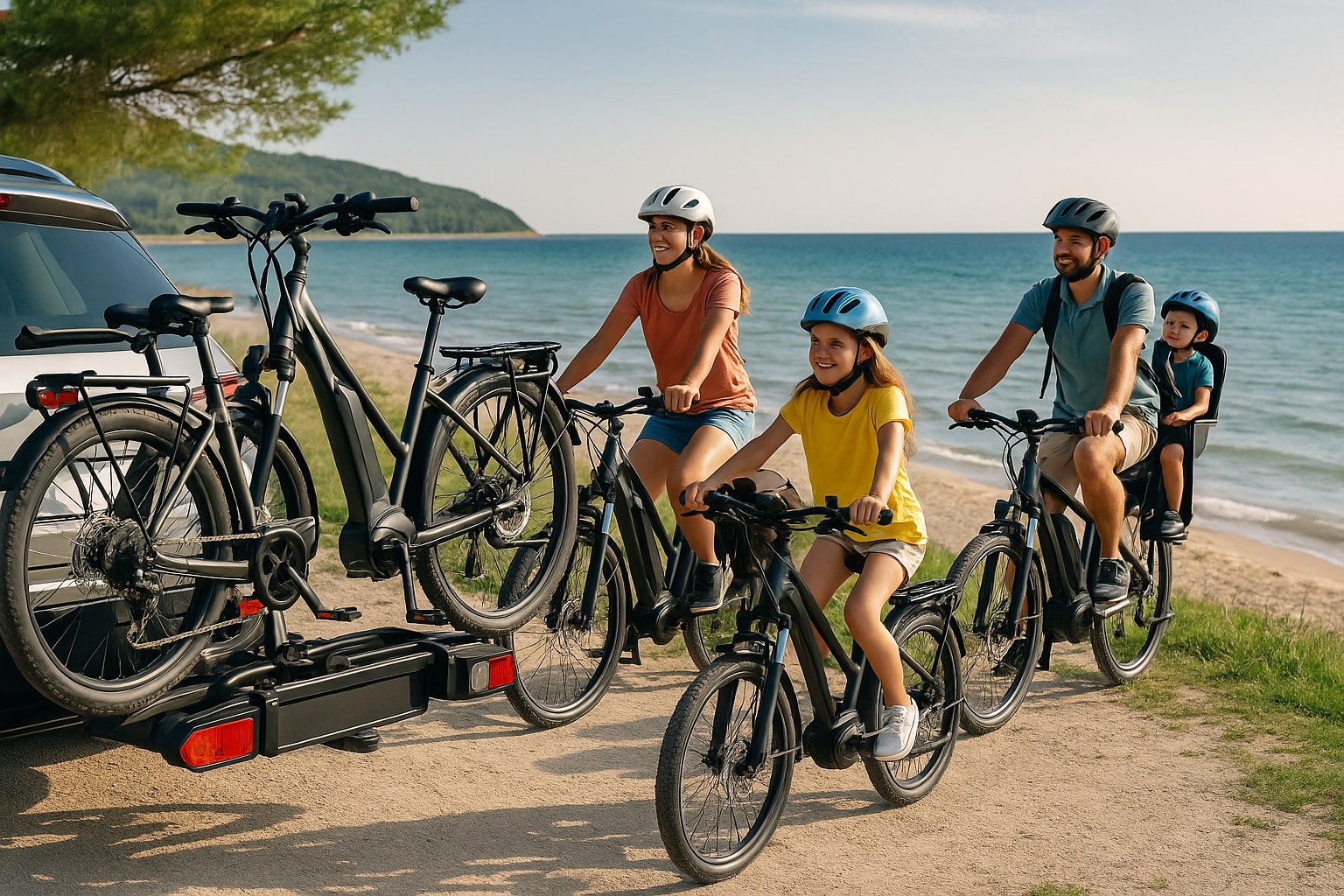 Famille en vacances avec des vélos électriques le long d’un chemin côtier en été