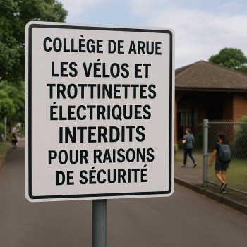 Panneau à l’entrée du collège de Arue annonçant l’interdiction des vélos et trottinettes électriques pour protéger les élèves