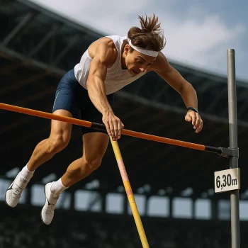 Athlète réalisant un saut à la perche au-dessus de la barre à 6,30 mètres dans un stade rempli, représentant le record du monde de Duplantis.