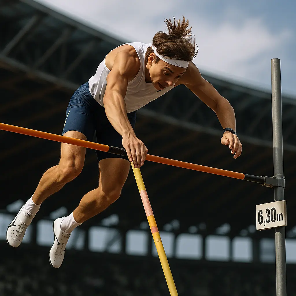 Athlète réalisant un saut à la perche au-dessus de la barre à 6,30 mètres dans un stade rempli, représentant le record du monde de Duplantis.