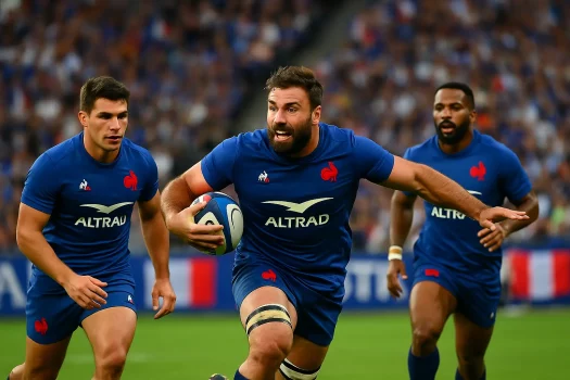 Trois joueurs français en maillot bleu attaquent ballon en main lors d’un match de la Coupe du monde de rugby 2025