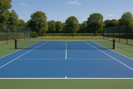 Court de tennis extérieur neuf avec surface bleue et verte, clôture et ciel dégagé.