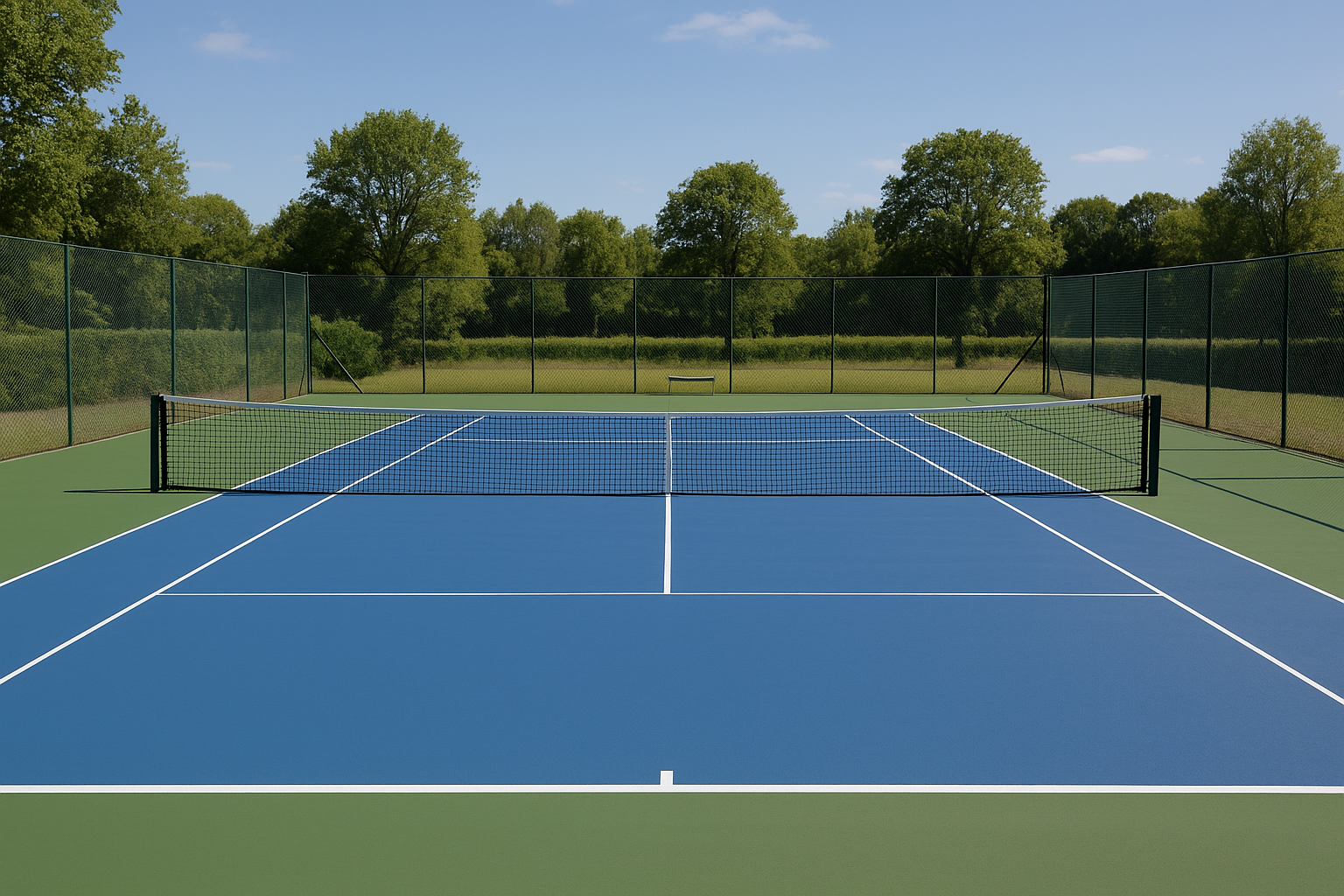 Court de tennis extérieur neuf avec surface bleue et verte, clôture et ciel dégagé.
