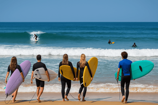 Surfeurs sur la plage des Landes avec leurs planches colorées en été