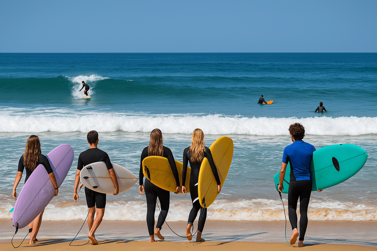 Surfeurs sur la plage des Landes avec leurs planches colorées en été