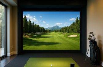 Intérieur moderne avec simulateur de golf, écran large projetant un fairway réaliste.