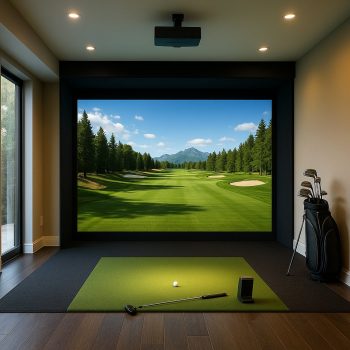 Intérieur moderne avec simulateur de golf, écran large projetant un fairway réaliste.