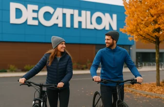 Couple souriant à vélo devant un magasin Decathlon en automne.