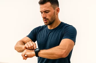 Sportif consultant sa montre Garmin pendant un entraînement, illustrant les fonctions cachées Body Battery, entraînement adaptatif et suivi musculation.