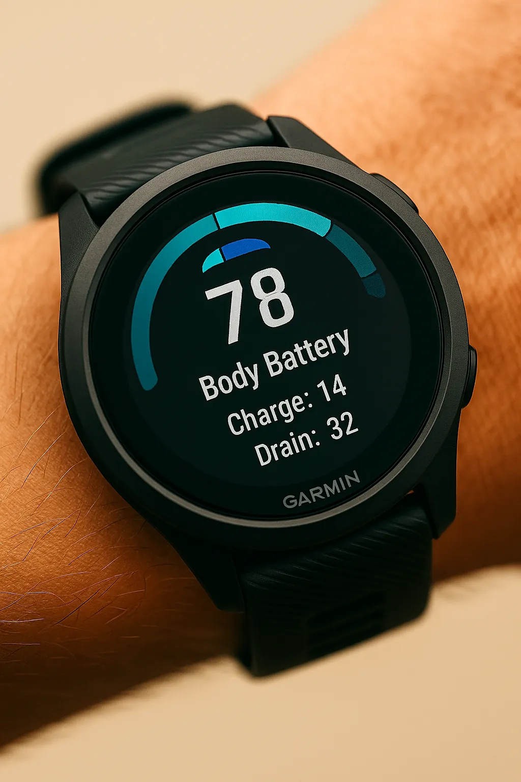 Gros plan d’une montre Garmin affichant la jauge Body Battery indiquant le niveau d’énergie du sportif