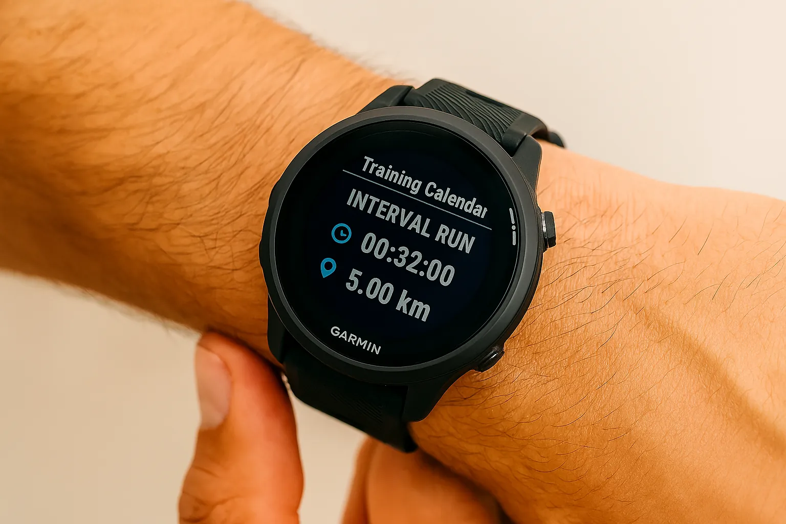 Gros plan d’une montre Garmin affichant un écran d’entraînement sportif en salle de musculation