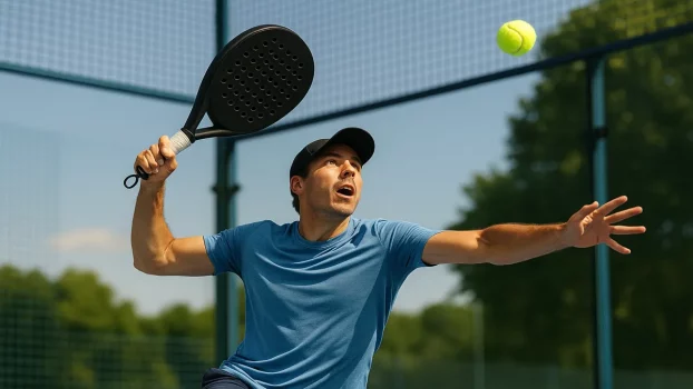 Joueur de padel réalisant un smash puissant sur un terrain en plein air sous le soleil