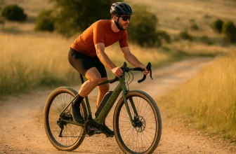 Cycliste roulant sur un vélo électrique gravel Van Rysel E-GRVL AF Discover vert kaki sur un chemin de terre au coucher du soleil