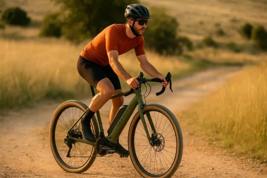 Cycliste roulant sur un vélo électrique gravel Van Rysel E-GRVL AF Discover vert kaki sur un chemin de terre au coucher du soleil