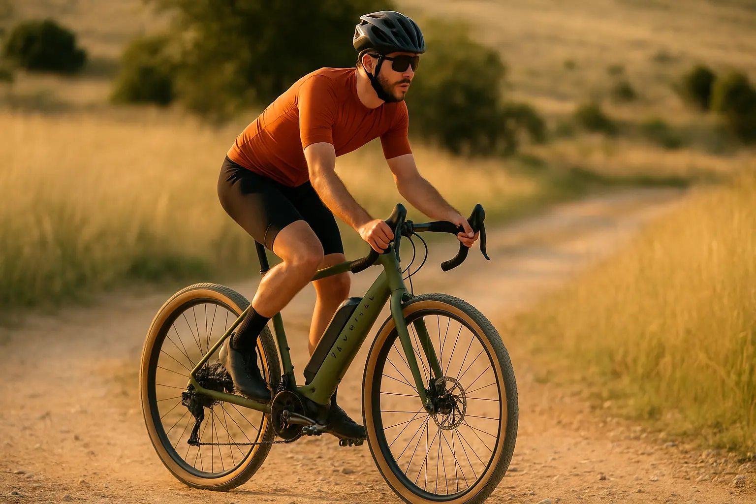 Cycliste roulant sur un vélo électrique gravel Van Rysel E-GRVL AF Discover vert kaki sur un chemin de terre au coucher du soleil