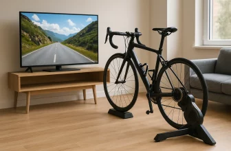 home-trainer 2025 dans un salon lumineux avec vélo de route noir sur trainer connecté