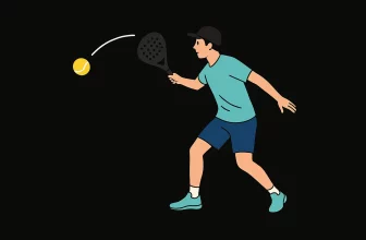 Illustration d’un joueur de padel réalisant une bandeja, raquette levée et balle en mouvement sur fond noir.