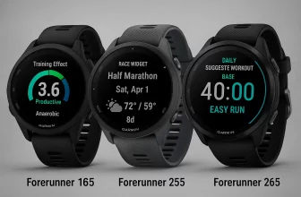 Comparaison visuelle entre les montres Garmin Forerunner 165 et Forerunner 255 placées côte à côte