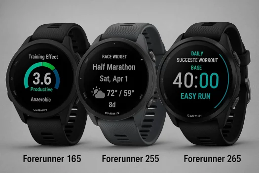 Comparaison visuelle entre les montres Garmin Forerunner 165 et Forerunner 255 placées côte à côte