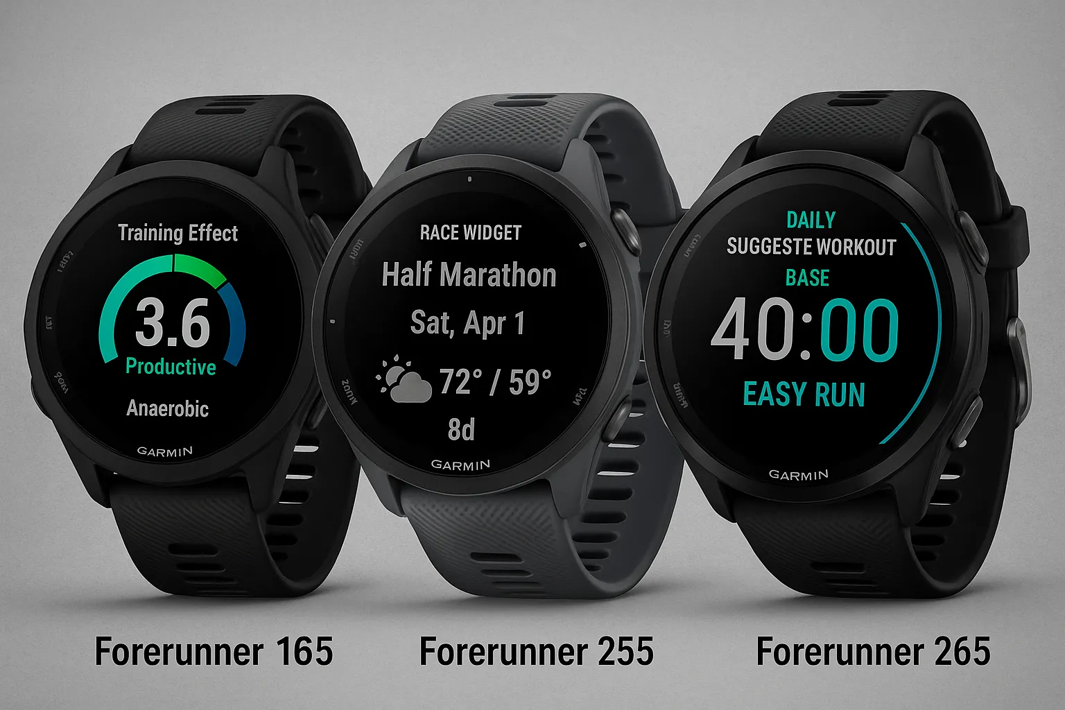 Comparaison visuelle entre les montres Garmin Forerunner 165 et Forerunner 255 placées côte à côte