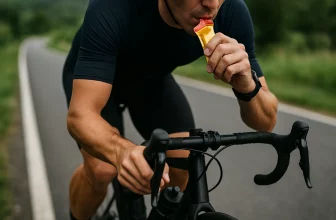 Cycliste sur route prenant un gel énergétique pendant l’effort, illustrant l’utilisation des gels pour maintenir l’énergie en vélo.