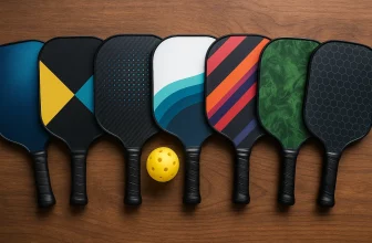 Sept raquettes de pickleball alignées horizontalement sur une table en bois avec une balle jaune au centre