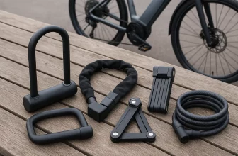 Différents types de cadenas incassables posés sur une table en bois avec un vélo électrique en arrière-plan.