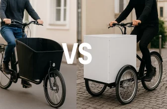 Comparaison visuelle entre un vélo cargo et un triporteur dans un environnement urbain, sans texte, format 16:9.