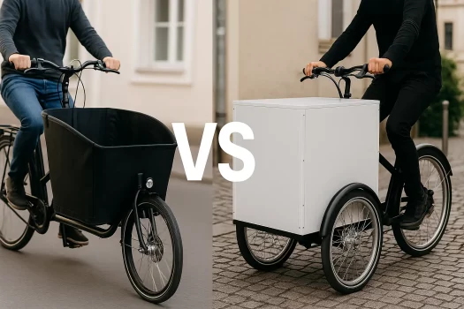 Comparaison visuelle entre un vélo cargo et un triporteur dans un environnement urbain, sans texte, format 16:9.