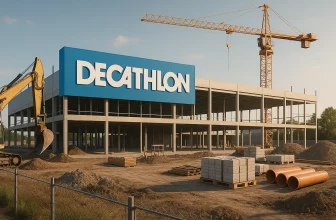 Vue d’un campus Decathlon moderne avec un terrain de basketball, des sportifs en activité et un bâtiment blanc au design contemporain.