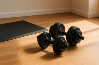 Deux haltères réglables posés sur un parquet, à côté d’un tapis de sport dans un appartement lumineux.