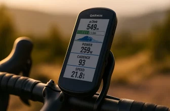 Compteur vélo Garmin Edge 840 Solar fixé sur un cintre en plein soleil pendant une sortie cycliste