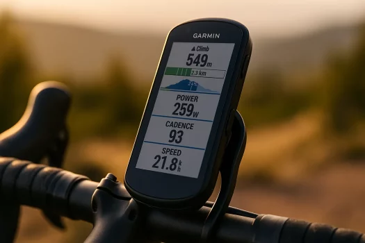 Compteur vélo Garmin Edge 840 Solar fixé sur un cintre en plein soleil pendant une sortie cycliste
