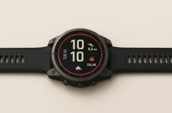 Montre connectée Garmin Fēnix 8 Pro 47mm noire, posée horizontalement sur fond clair, affichant l’écran solaire avec distance et pas.