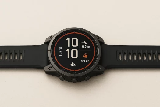 Montre connectée Garmin Fēnix 8 Pro 47mm noire, posée horizontalement sur fond clair, affichant l’écran solaire avec distance et pas.