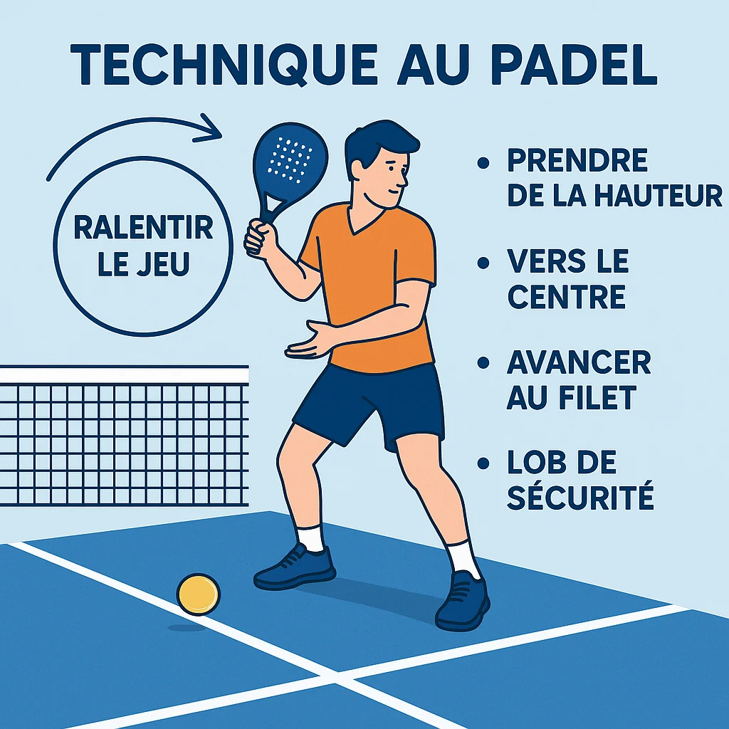 Schéma didactique montrant les bases de la technique au padel : ralentir le jeu, viser le centre, prendre de la hauteur, avancer au filet et utiliser le lob de sécurité.