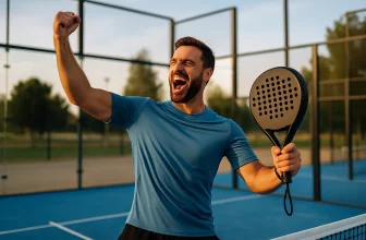 Un joueur de padel lève le poing en signe de victoire, tenant sa raquette sur un court bleu en extérieur.