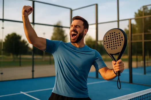 Un joueur de padel lève le poing en signe de victoire, tenant sa raquette sur un court bleu en extérieur.