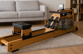 Rameur à eau en bois clair avec réservoir transparent installé dans un salon lumineux.