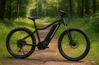 VTT électrique Rockrider E-ST 500 sur un chemin forestier, photographié en extérieur, vue latérale sans texte