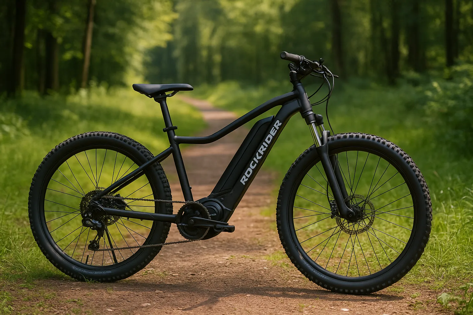 VTT électrique Rockrider E-ST 500 sur un chemin forestier, photographié en extérieur, vue latérale sans texte