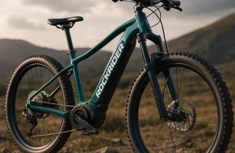 VTT électrique Rockrider E-EXPL 700 posé sur un sentier de montagne au coucher du soleil